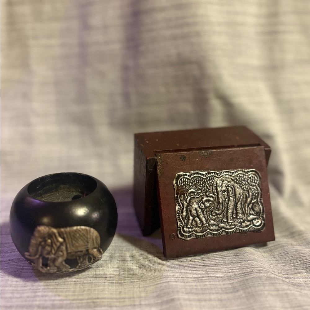 Elephant Candle Holder and Jewelry Box Decor Set with Silver Accent